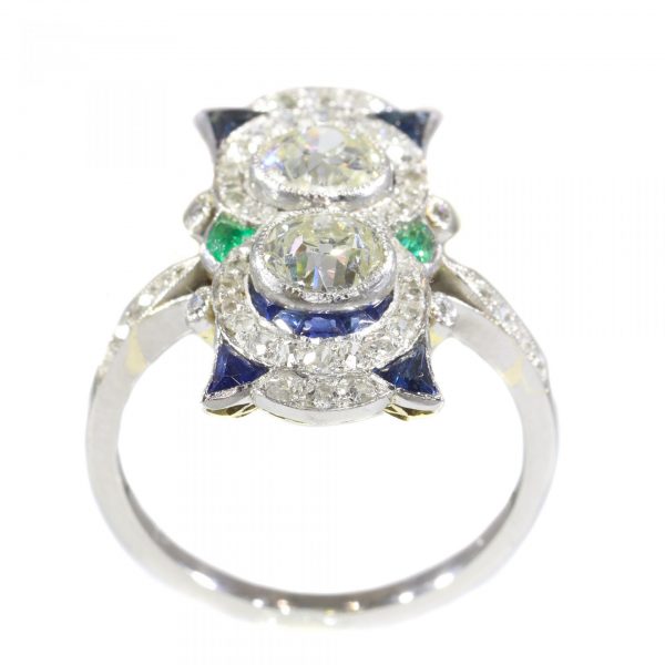 Art Deco Sapphire, Emerald and Diamond Plaque Ring in Platinum