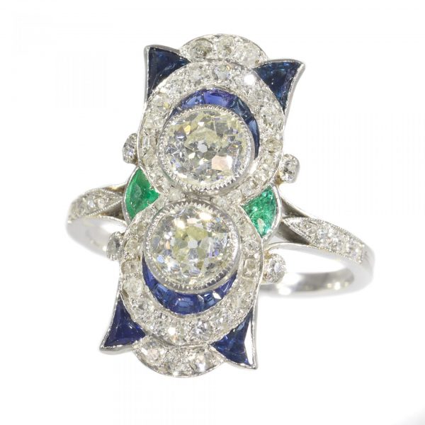 Art Deco Sapphire, Emerald and Diamond Plaque Ring in Platinum