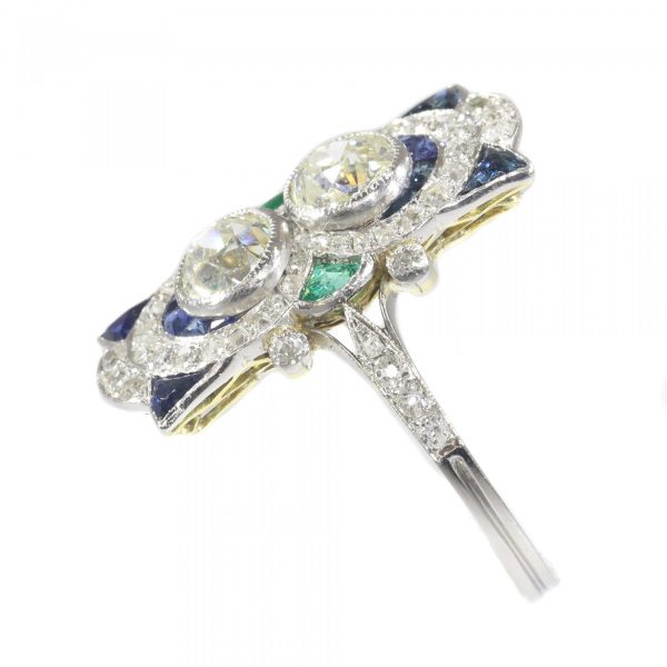Art Deco Sapphire, Emerald and Diamond Plaque Ring in Platinum