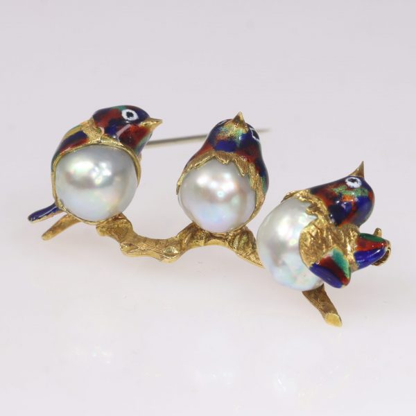 Vintage Italian 18ct Gold, Enamel and Pearl Birds on a Branch Brooch Circa 1970