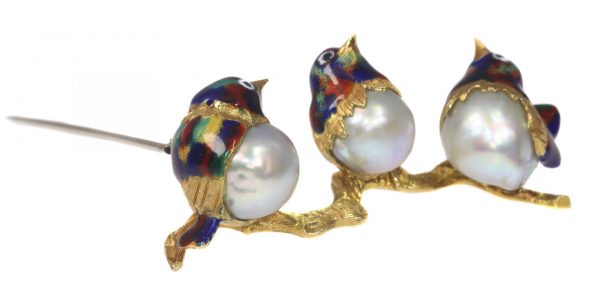 Vintage Italian 18ct Gold, Enamel and Pearl Birds on a Branch Brooch Circa 1970