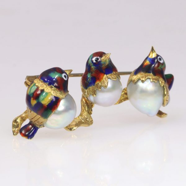 Vintage Italian 18ct Gold, Enamel and Pearl Birds on a Branch Brooch Circa 1970