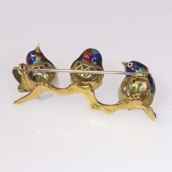 Vintage Italian 18ct Gold, Enamel and Pearl Birds on a Branch Brooch Circa 1970