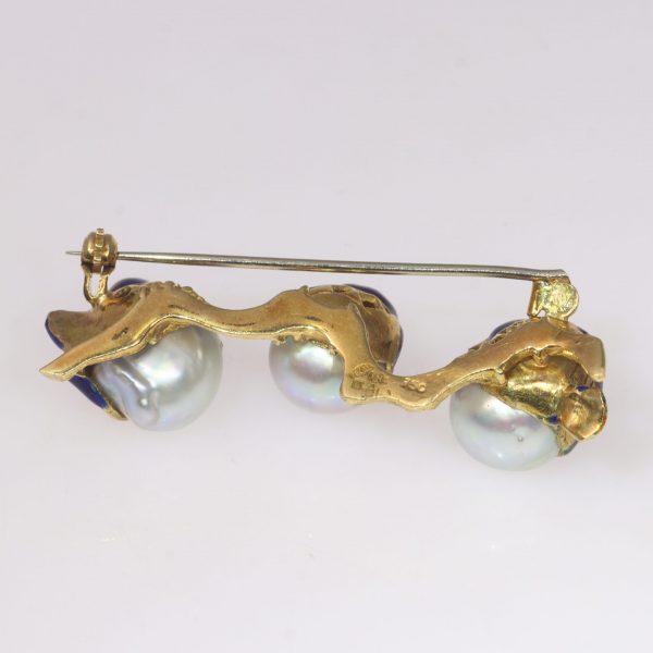 Vintage Italian 18ct Gold, Enamel and Pearl Birds on a Branch Brooch Circa 1970