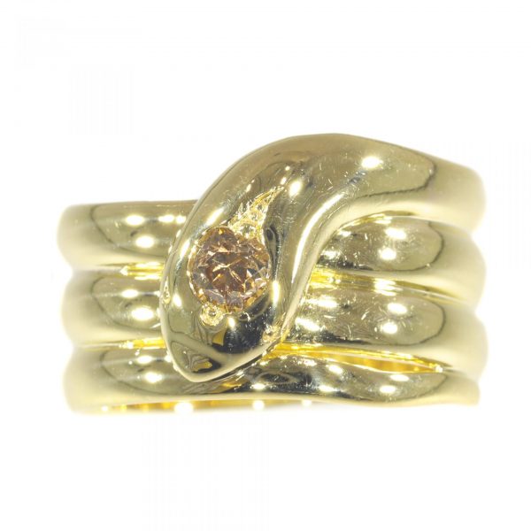 Antique 18ct Yellow Gold Snake Ring with Fancy Cognac Diamond