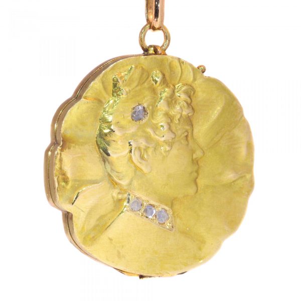 Antique Belle Epoque 18ct Yellow Gold Locket Pendant with Diamonds; Lady's profile in relief accented with four rose-cut diamonds, Circa 1900