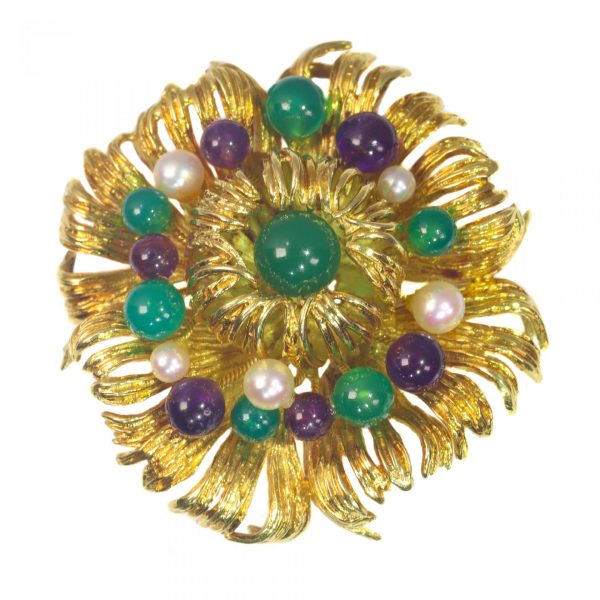 Vintage Multi Gemstone and Gold Flower Brooch Signed Grosse 1969; 18ct yellow gold floral brooch set with amethyst, green agate and cultured pearls