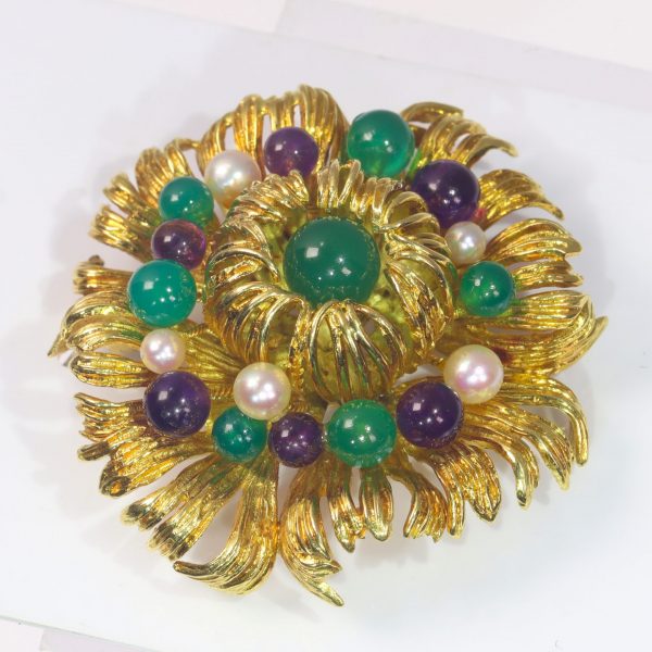 Vintage Multi Gemstone and Gold Flower Brooch Signed Grosse 1969; 18ct yellow gold floral brooch set with amethyst, green agate and cultured pearls