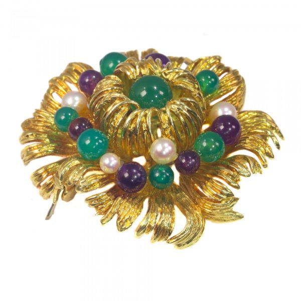 Vintage Multi Gemstone and Gold Flower Brooch Signed Grosse 1969