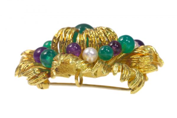 Vintage Multi Gemstone and Gold Flower Brooch Signed Grosse 1969