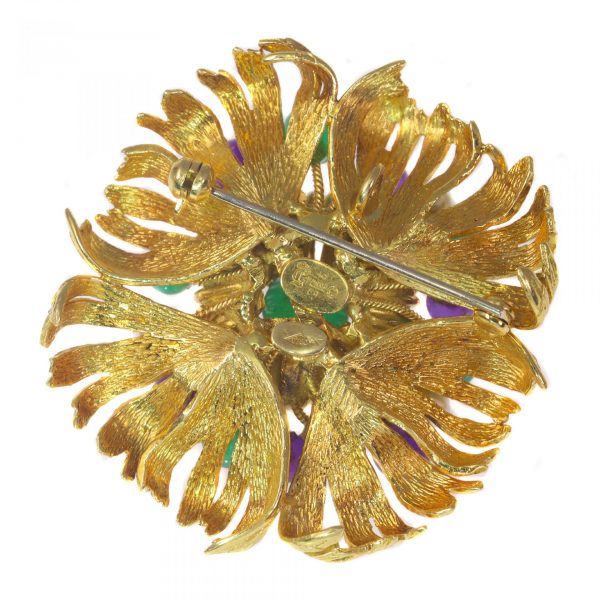 Vintage Multi Gemstone and 18ct Gold Flower Brooch Signed Grosse 1969