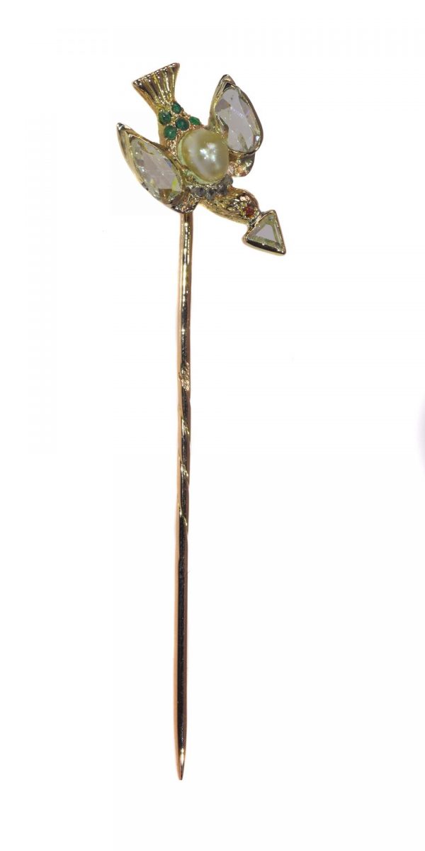 Antique Georgian Bird Stick Pin with Pearl and Rose Cut Diamonds, late 18th century Circa 1770