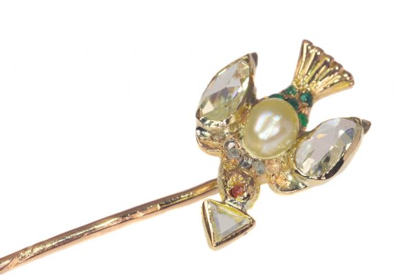 Antique Georgian Bird Stick Pin with Pearl and Rose Cut Diamonds, late 18th century Circa 1770