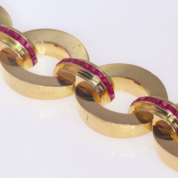 Vintage 1950s French Retro 18ct Rose Gold Tank Bracelet with Rubies