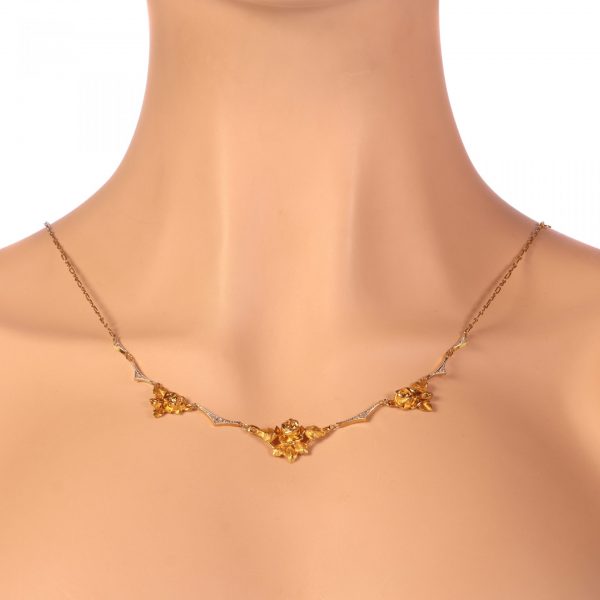 Antique Belle Epoque French 18ct Gold Rose Necklace with Diamonds