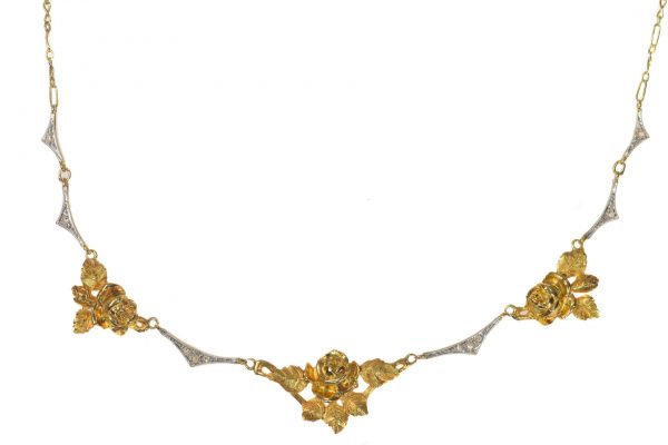 Antique Belle Epoque French 18ct Gold Rose Cluster Necklace with Diamonds