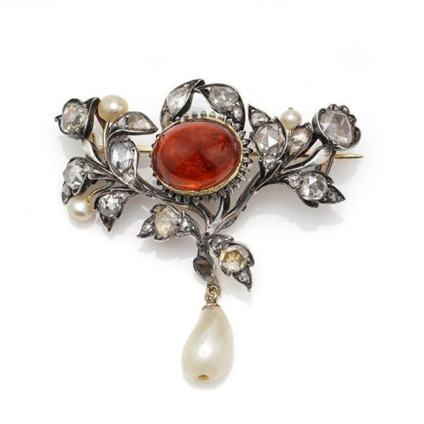 Antique Victorian Garnet, Rose Cut Diamond and Natural Pearl Brooch; central garnet surrounded by rose-cut diamonds and natural pearls with natural pearl drop, in silver and 15ct yellow gold. Late 19th century Circa 1870s