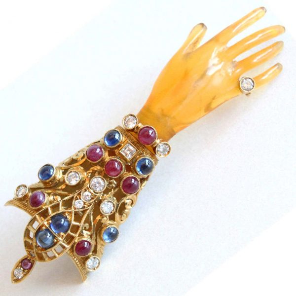 NARDI Venice Diamond Ruby Sapphire Tortoiseshell Hand Pin Brooch Pendant