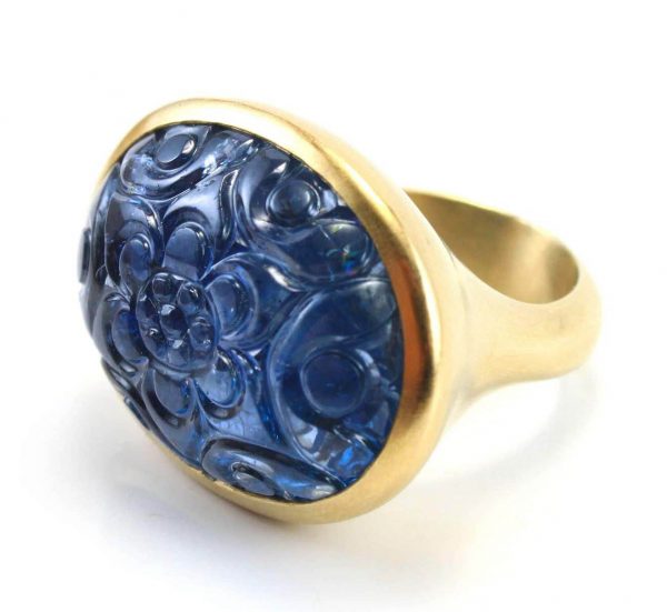 Large Carved Floral Mughal Sapphire Ring