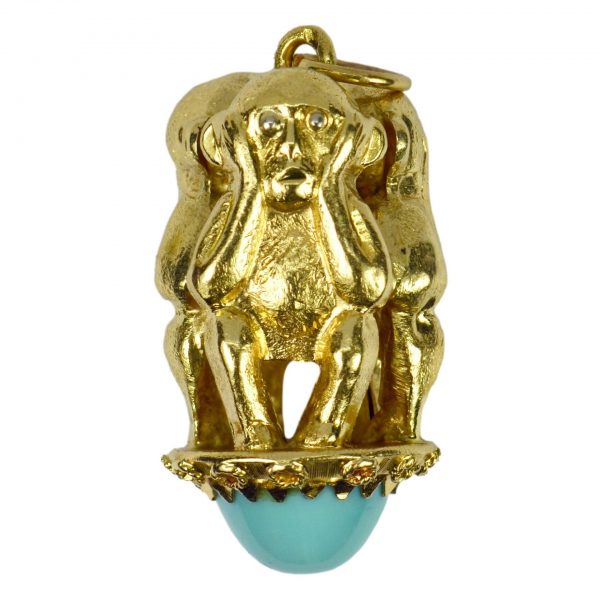18ct Yellow Gold Three Wise Monkeys and Turquoise Charm Pendant