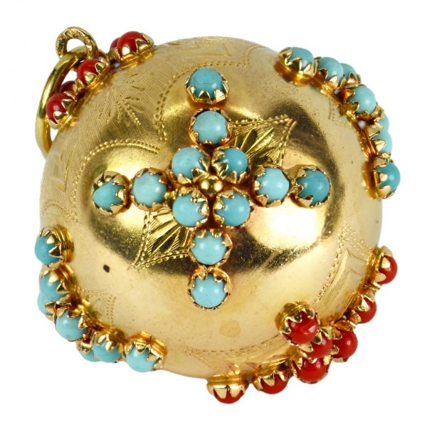 18ct Yellow Gold, Coral and Turquoise Ball Pendant; 18ct yellow gold sphere set with coral and turquoise cabochons