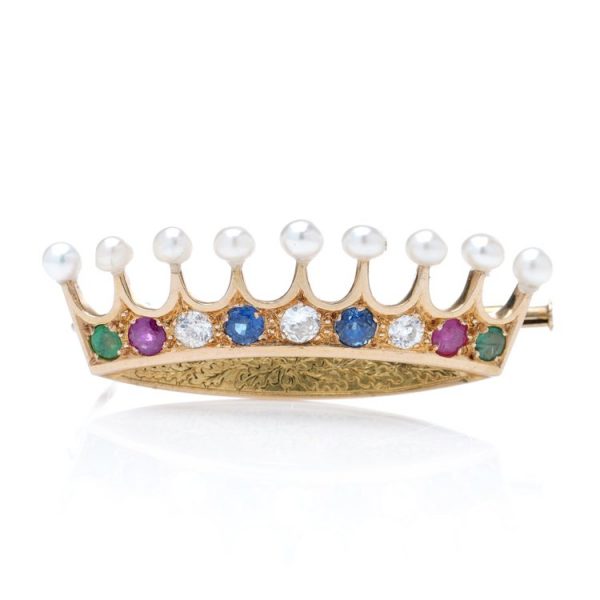 Art Deco French 18ct Yellow Gold Crown Brooch with Multiple Gemstones and Pearls; set with old-cut diamonds, rubies, sapphires and emeralds, topped with natural pearls