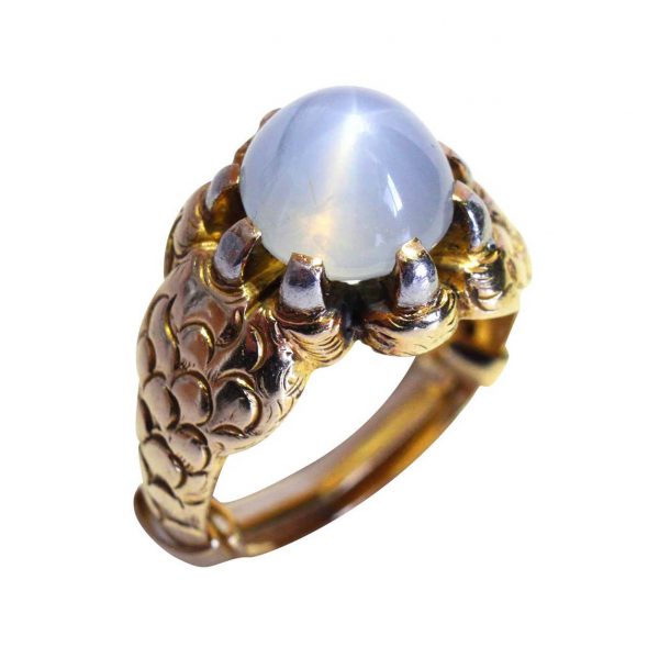 Gothic Revival 6ct Natural Star Sapphire in Gold Claw Ring with scales detailed on the shank in relief