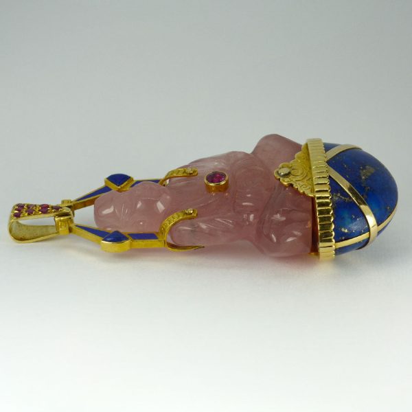 French 1.50ct Carved Rose Quartz Buddha Pendant with Lapis Lazuli and Rubies