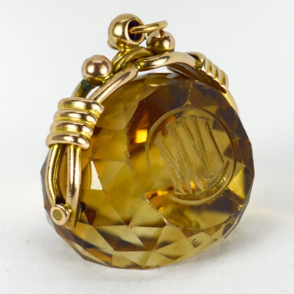Engraved Citrine and Yellow Gold Spinning Fob Charm Pendant