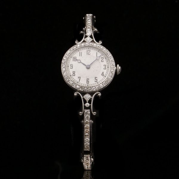 Art Deco Diamond Cocktail Watch by CH Meylan, white gold case and strap set with 1.60 carats of old cut diamonds, manual winding movement, Circa 1920s