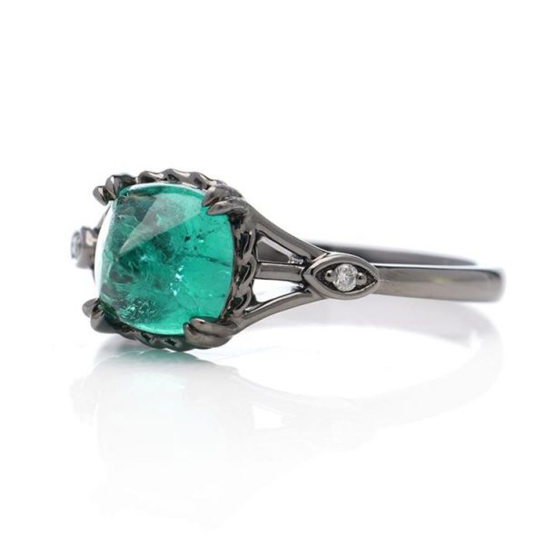 1.34ct Pyramidal Cabochon Cut Emerald Ring in 18ct white gold with diamond set split shoulders