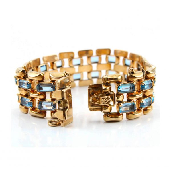 Retro 1940s Aquamarine and 18ct Yellow Gold Brick Link Bracelet
