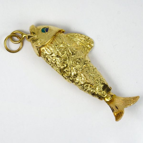 18ct Yellow Gold Articulated Fish Pendant with Enamel Eyes