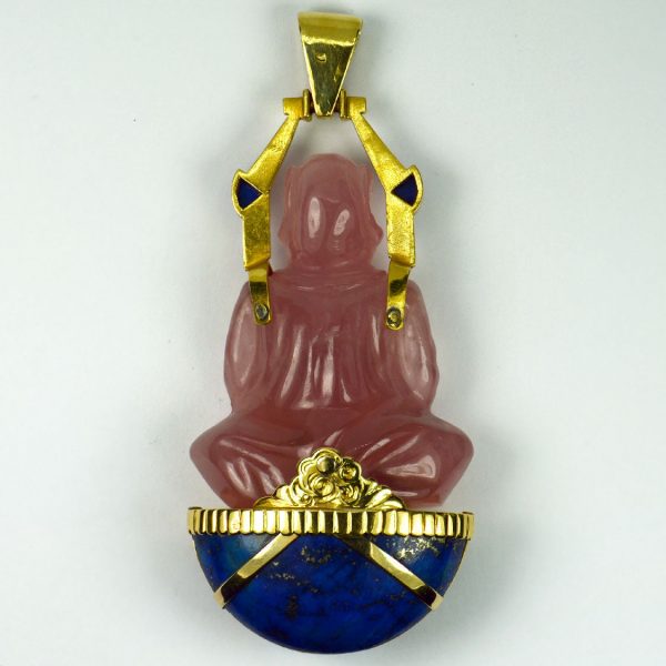 French 1.50ct Carved Rose Quartz Buddha Pendant with Lapis Lazuli and Rubies