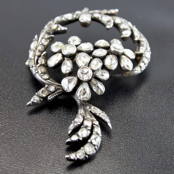 Antique Early Victorian 6ct Rose Cut Diamond Flower Brooch