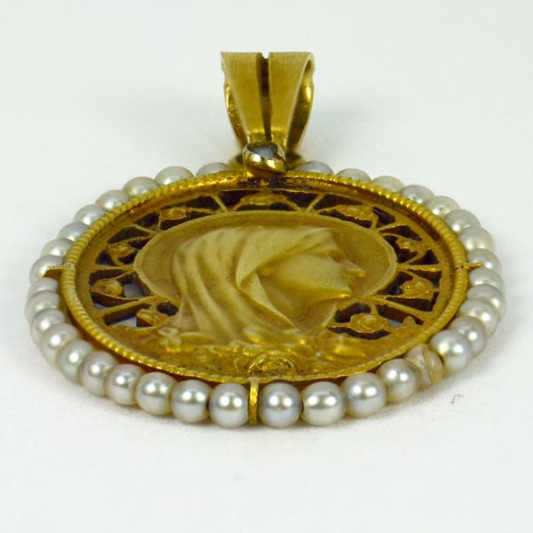 Vintage French 18ct Yellow Gold Virgin Mary Pendant with natural Seed Pearls