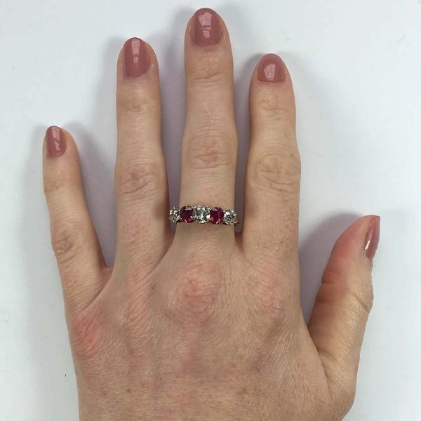 Edwardian Antique Burma Ruby and Old Cut Diamond Five Stone Engagement Ring
