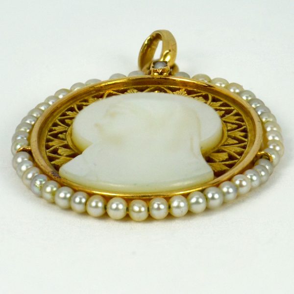 French 18ct Yellow Gold and Mother of Pearl Virgin Mary Pendant with Natural Seed Pearls