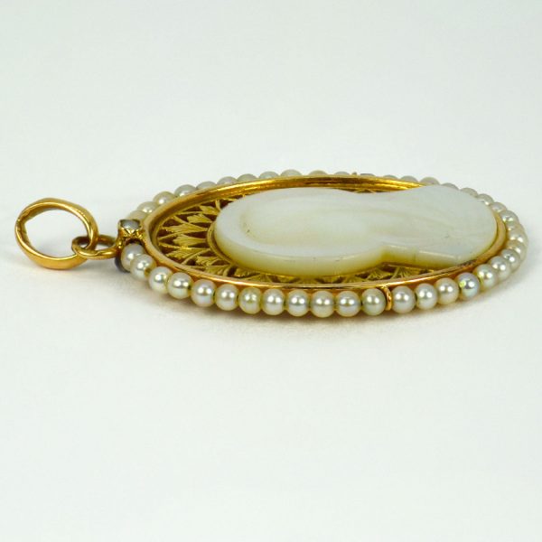 French 18ct Yellow Gold and Mother of Pearl Virgin Mary Pendant with Natural Seed Pearl Surround