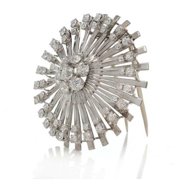 Art Deco French Platinum and 3.33ct Old Cut Diamond Flower Sunburst Brooch