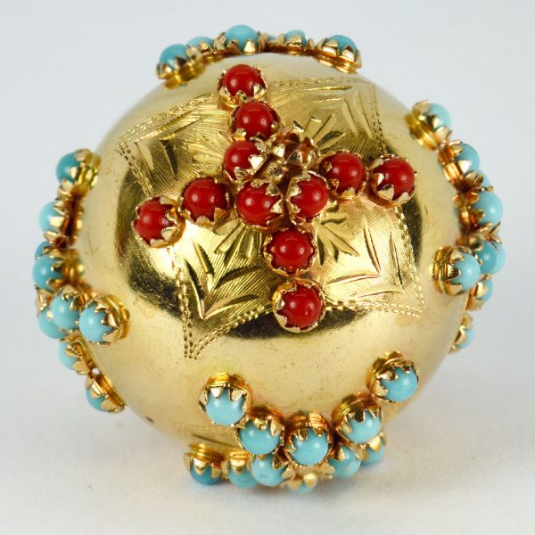 18ct Yellow Gold, Coral and Turquoise Ball Pendant; 18ct yellow gold sphere set with coral and turquoise cabochons. One coral bead missing