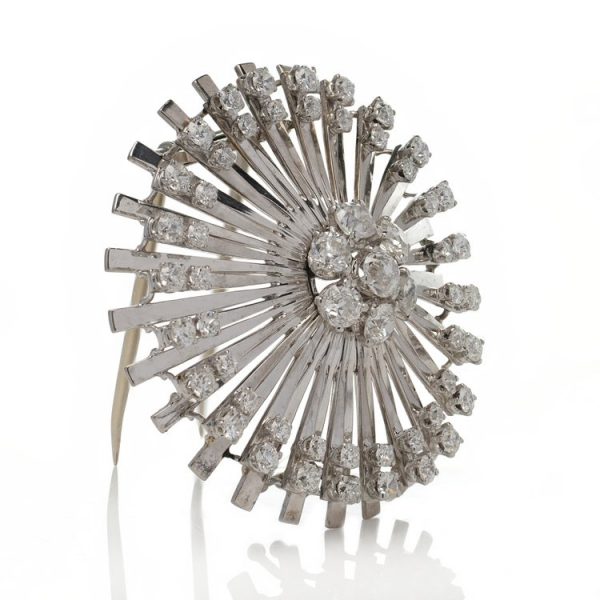Art Deco Platinum and 3.33ct Old Cut Diamond Flower Sunburst Brooch