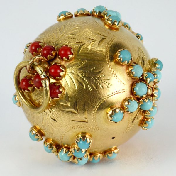 18ct Yellow Gold, Coral and Turquoise Ball Pendant