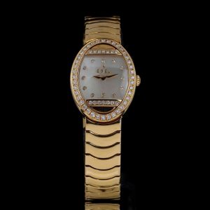 Vintage Ebel Satya 18ct Yellow Gold Watch with Diamonds and Mother-of-Pearl Dial, with diamond hour markers and a diamond-set bezel, with original box and manual, Circa 1990s