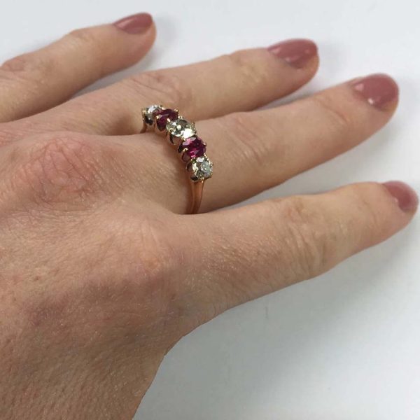 Edwardian Antique Burma Ruby and Old Cut Diamond Five Stone Engagement Ring
