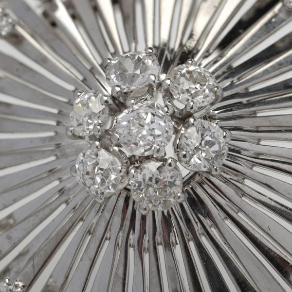 Art Deco French Platinum and 3.33ct Old Cut Diamond Flower Sunburst Brooch