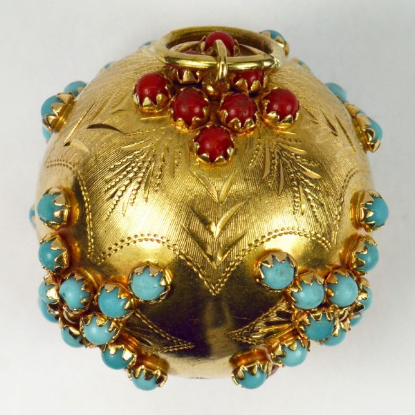 18ct Yellow Gold Ball Sphere Pendant with Coral and Turquoise