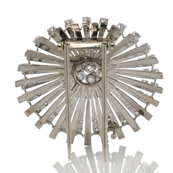 Art Deco Platinum and 3.33ct Old Cut Diamond Flower Sunburst Brooch