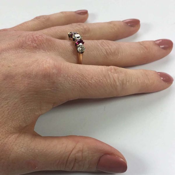Edwardian Antique Burma Ruby and Old Cut Diamond Five Stone Engagement Ring