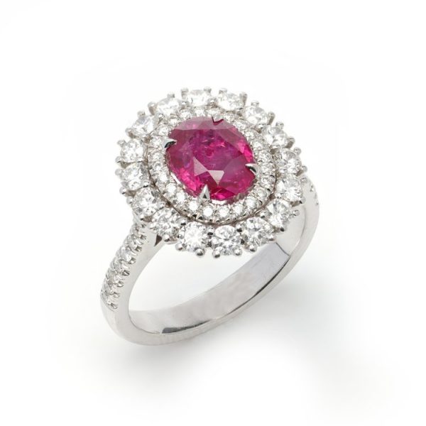 Certified 2.33ct Natural Burma Ruby and Double Diamond Cluster Ring